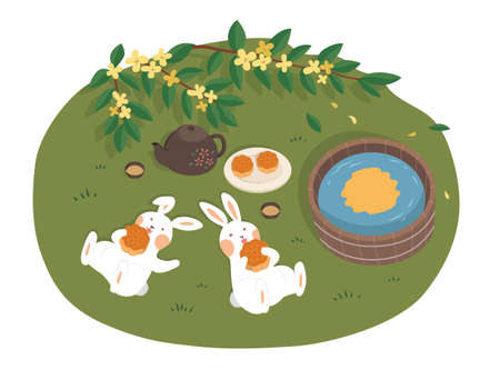 Mid autumn festival design. Flat illustration of jade rabbits lying on grass, eating mooncakes, and watching moon as holiday celebrationsのイラスト素材