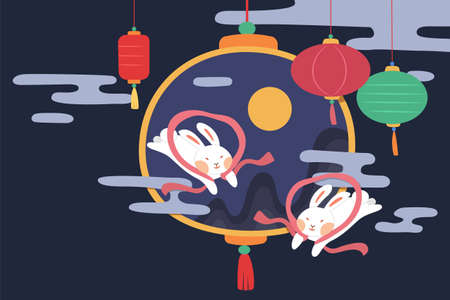 Mid autumn festival design. Flat illustration of jade rabbits in Chang'e winged outfit flying around the hanging lanternのイラスト素材