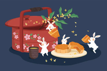 Mid autumn festival design. Flat illustration of jade rabbits eating mooncakes with hot tean and dried snack as holiday celebrationsのイラスト素材