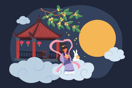 Mid autumn festival design. Flat illustration of fairy Chang'e and jade rabbit sitting outside of Chinese pavilion watching moon and eating mooncakes as celebrationsのイラスト素材