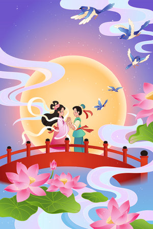 Qixi festival banner. Illustration of weaver girl and cowherd at the bridge on lotus pond with blue magpie flying aroundの販売画像