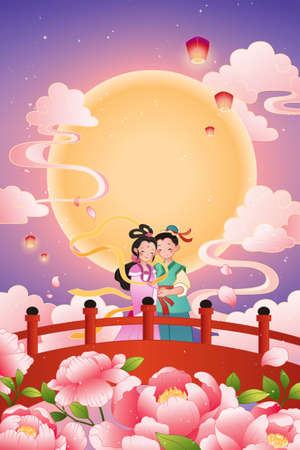 Qixi festival banner. Illustration of weaver girl and cowherd at bridge hug each other in front of full moonのイラスト素材