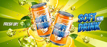 Soft drink ads with ice cubes on green stripe background in 3d illustrationのイラスト素材