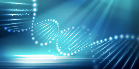 Neon helix structure design with glowing light on blue backgroundのイラスト素材