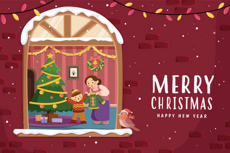 Red Christmas greeting card for family. Looking into the window on the brick wall, there's a mother giving cardigan to her son standing by Christmas tree as an Xmas giftのイラスト素材