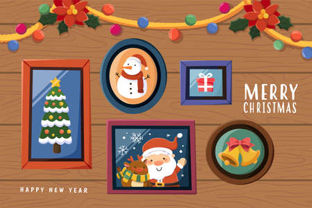 Xmas wall decor with hanging photos. Flat illustration of merry Christmas theme pictures hang on wooden wall backgroundのイラスト素材