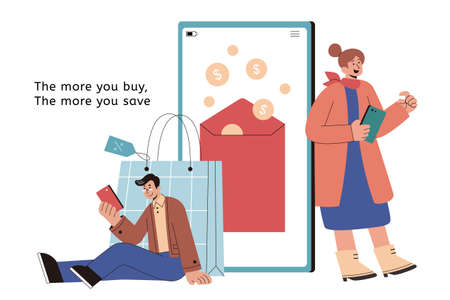 Cash back shopping at online stores in flat illustration. A man and woman shopping online on sites emphasizing shopping to earn rewards on purchasesのイラスト素材