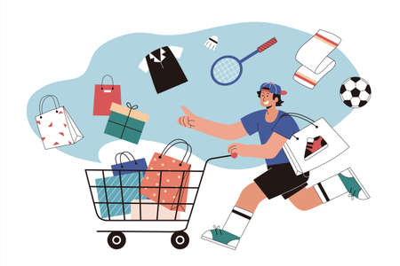 Sporty boy shopping on Singles' Day in flat illustration. Sportsman running and pushing with a shopping cart with sports goods in bagsのイラスト素材