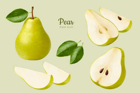 Green European pear set. 3d illustration of fresh pears in halves and wedges with its leaves isolated on light green backgroundのイラスト素材
