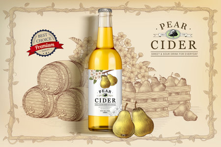 Pear cider banner ad. Pear cider bottle in 3D illustration with engraved style pears, wooden barrels dispenser, and fruit cratesのイラスト素材