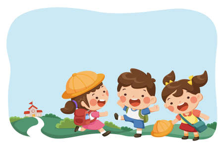 Kids going back to school happily. Schoolchildren gathering in front of the school wear happy smiles on light blue backgroundのイラスト素材