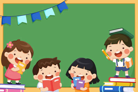Cartoon illustration of four boys and girls in front of a blackboard discussing books they read in the classroom. Design for back to schoolのイラスト素材