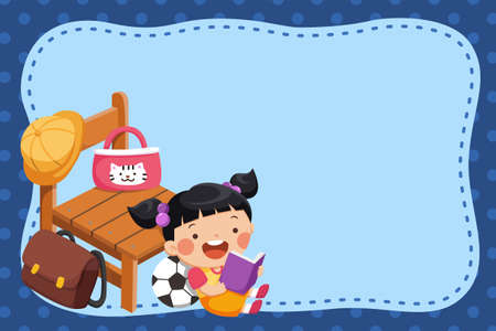 Cartoon illustration of a cute girl sitting by her seat reading a book on blue background. Design for back to schoolのイラスト素材