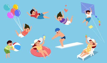 Flat illustration of kids doing different aquatic activities on blue backgroundのイラスト素材
