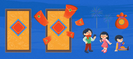 Creative CNY element set isolated on blue textured background. Including phone screen with and without red envelope flying out, people in different poses using their phone, fortune bag and firework.のイラスト素材
