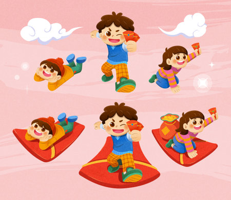 Chinese new year element set isolated on textured pink background. Including clouds, people with red envelopes, and people on red envelopes.のイラスト素材