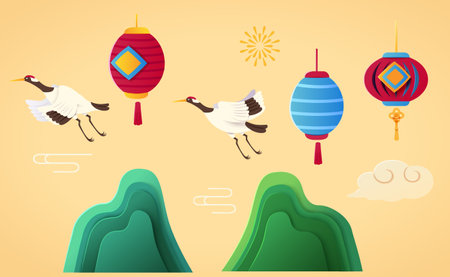 Illustrated Chinese new year oriental style element set isolated on yellow background. Including red crowned crane, lanterns, paper art layer mountains, cloud, line art design pattern and firework.のイラスト素材
