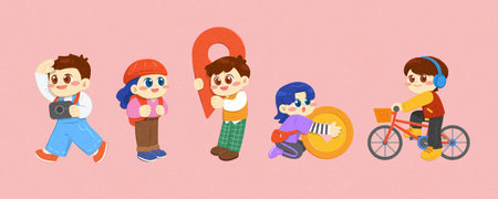 Cute sightseeing tourists element set isolated on pink background.