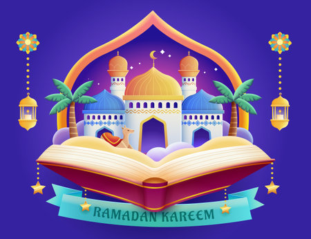 Creative Ramadan greeting card. Desert scene with mosque and camel emerge from open book with arch frame in the back on indigo blue background.のイラスト素材