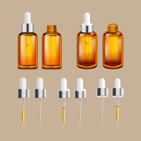 3D droplet set isolated on khaki background. Including droplet bottles with liquid, and droppers with and without liquid.のイラスト素材