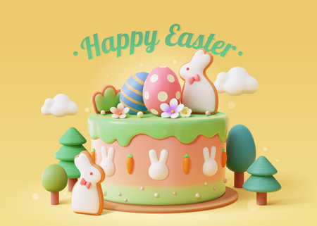 3D illustrated happy Easter poster. Layer cake with painted egg, bunny sugar cookie, and carrot,...