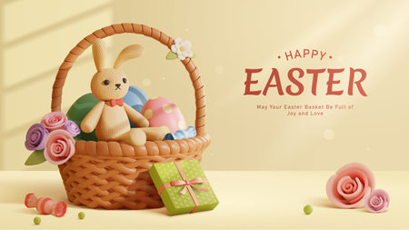 3D Easter poster. Corduroy rabbit plushy in basket full of painted eggs, candy, and roses on light beige background.のイラスト素材