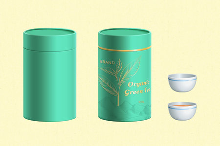3D realistic tea canister and teacup element set isolated on pale yellow background.のイラスト素材