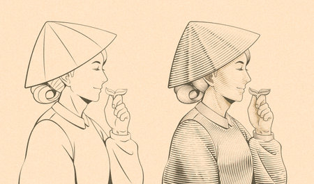 Vintage line style female planter smelling a piece of tea leaf set on beige background with texture.のイラスト素材