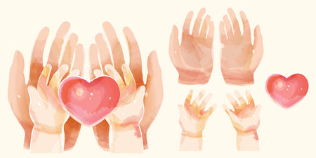 Watercolor illustrated hands holding heart isolated on light beige background. Including palms of adult and child, and heart.のイラスト素材
