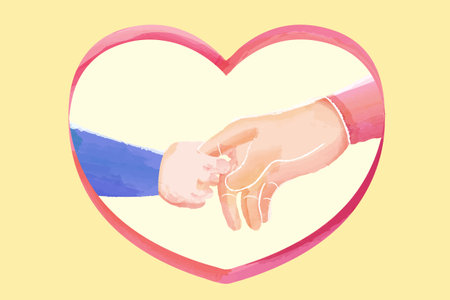 Watercolor illustration of child's hand holding parent's finger in heart frame on light yellow background.のイラスト素材