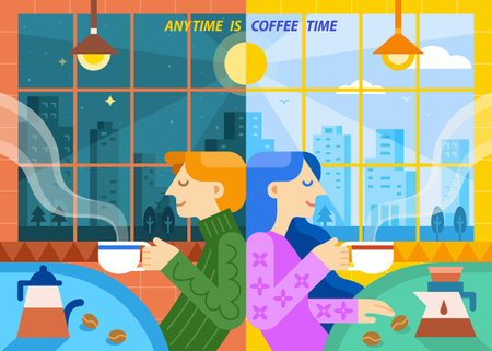 Creative World coffee day poster. Illustrated woman and man sitting back to back drinking coffee with different timing window view, one at night, and the other in day time.のイラスト素材