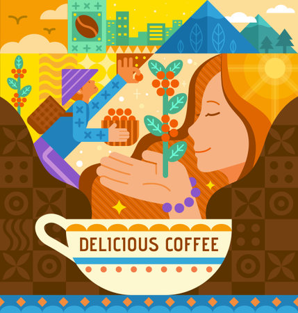 Modern World coffee day poster in geometric style. Aroma from cup of coffee showing farmer collecting and woman smelling plant.のイラスト素材