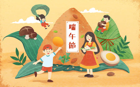 Playful Dragon Boat festival greeting card. Kids and mom having fun around giant zongzi on light orange background. Text: Happy Duanwu Holiday.のイラスト素材