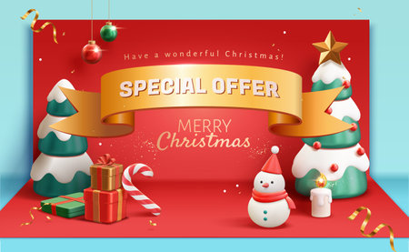 3D Christmas special offer promotion poster. Golden ribbon floating on red card with festive holiday trees and decorations.のイラスト素材