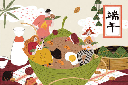 Dragon Boat Festival poster. Miniature people eating on or around giant zongzi on a table full of Duanwu holiday food. Text: Dragon Boat Festival.のイラスト素材