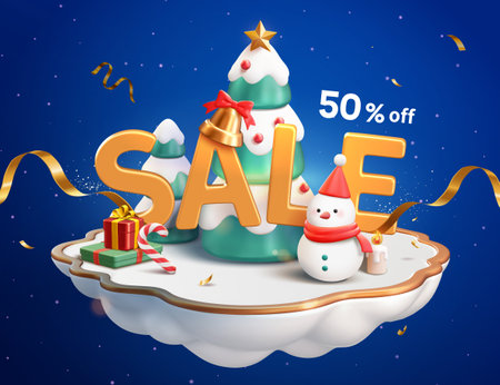 3D Christmas discount promotion poster. SALE text floating on white display island with Christmas trees and snowman. Gradient blue snowy sky background.のイラスト素材