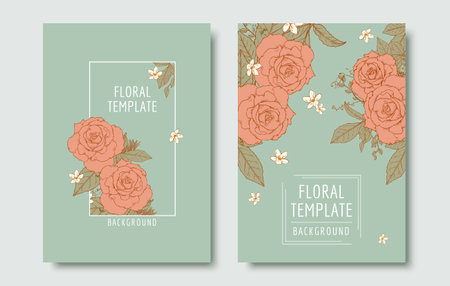Engraved style floral brochure set. Vintage roses and white blossoms on mint green background.のイラスト素材
