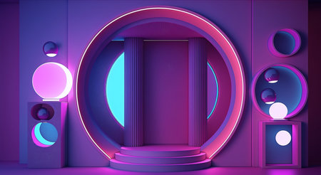 Cyberpunk style display podium with round lights decorations. Created with Generative AIの素材