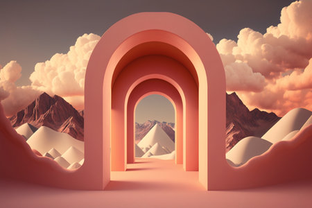Surreal background of arch in the middle of desert with mountains and fluffy clouds in the background. Created with Generative AIの素材