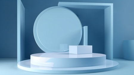 Monochrome baby blue geometric display podium background. Created with Generative AI technologyの素材