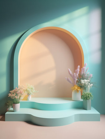 Cyan arch display podium background decorated with potted flowers with natural sunlight. Created with Generative AI technologyの素材
