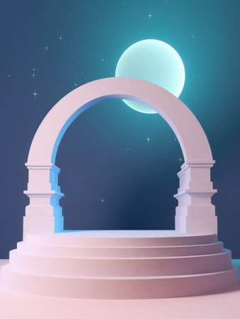 White classic arch stairs with full moon night sky in the background. Created with Generative AI technologyの素材