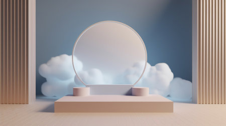 A round translucent decoration on top of beige display platform with fluffy clouds and wavy design column in the background. Created with Generative AI technologyの素材