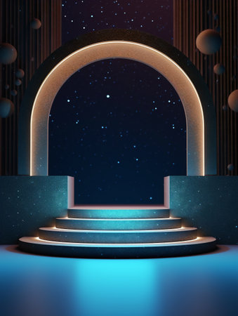 Shimmering arch podium with galaxy background. Created with Generative AI technologyの素材