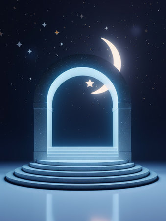 White arch podium with magical night sky in the background. Created with Generative AI technologyの素材