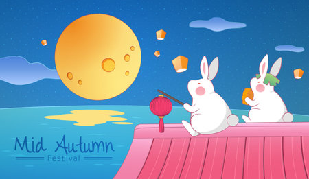 Cute Mid Autumn festival greeting card. Bunnies sitting on roof top at the waterfront watching giant full moon and sky lanterns.のイラスト素材