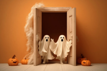 Spooky ghosts coming out from doorway in a room decorated with pumpkins and spiderweb. Created with Generative AI technologyの素材