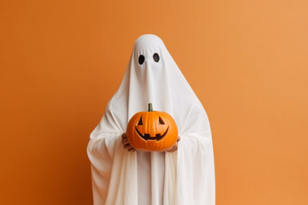 Ghost holding a spooky Jack o lantern pumpkin on orange background. Created with Generative AI technologyの素材