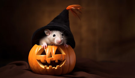 Rat in witch hat sitting on top of a carved jack o lantern pumpkin. Created with Generative AI technologyの素材