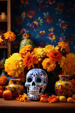 Colorful Ofrenda decorated with sugar skull marigolds, vibrant vase and fruits. Celebrating Day of the Dead. Created with Generative AI technologyの素材
